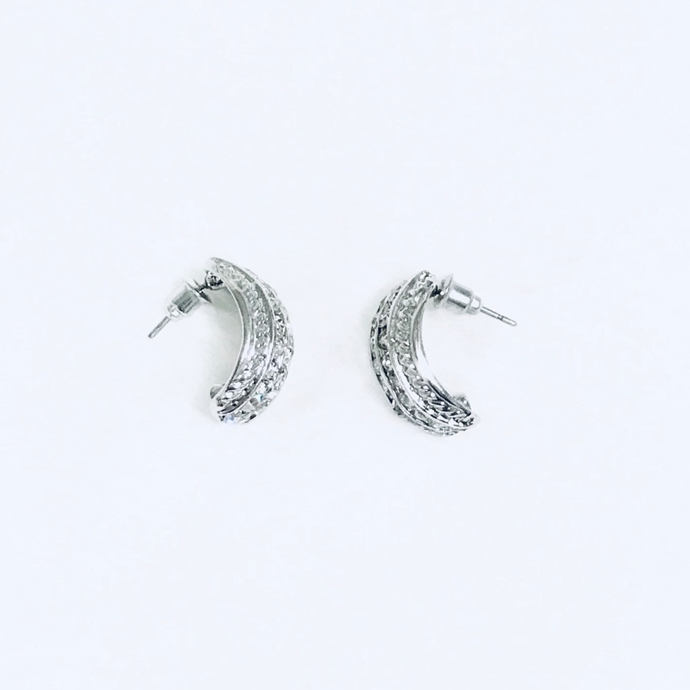 Lovely Crescent Silver CZ Diamond Post Earrings - Picture 2 of 12